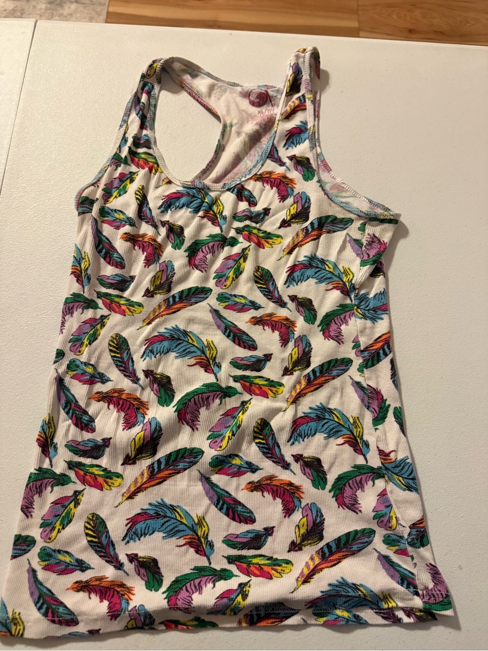Vintage SO Sleeveless Ribbed All Over Feather Print Racerback XL Tank Top